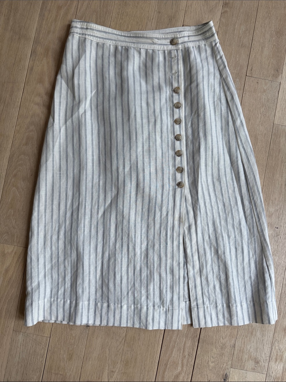Striped Button-Front Midi Skirt - White with Navy Stripes